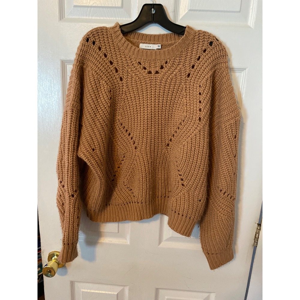 Lush Womens Camel Tan Pointelle Chunky Knit Oversized Pullover Sweater Medium
